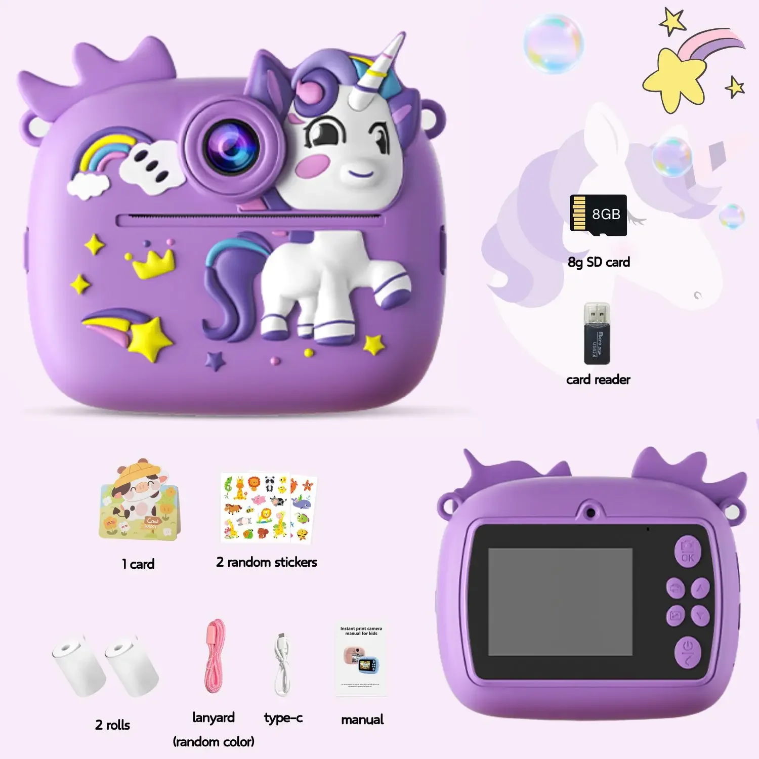 Blue Cute Kids Colorful Instant Print Small Camera Set with SD Card Boy Girl Gift Small Video Printing Camera with Photo Paper