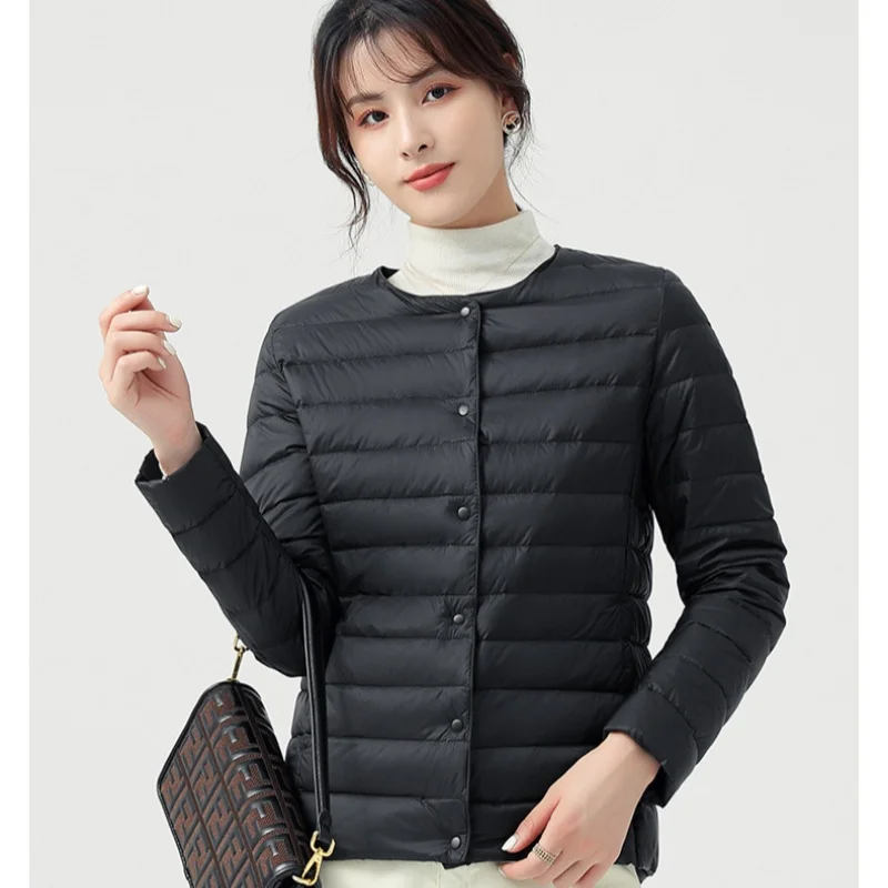 Autumn and Winter 2025 New Women's Collarless Down Jacket Light and Thin Round Neck V Slim Fit Short Women's Down Jacket