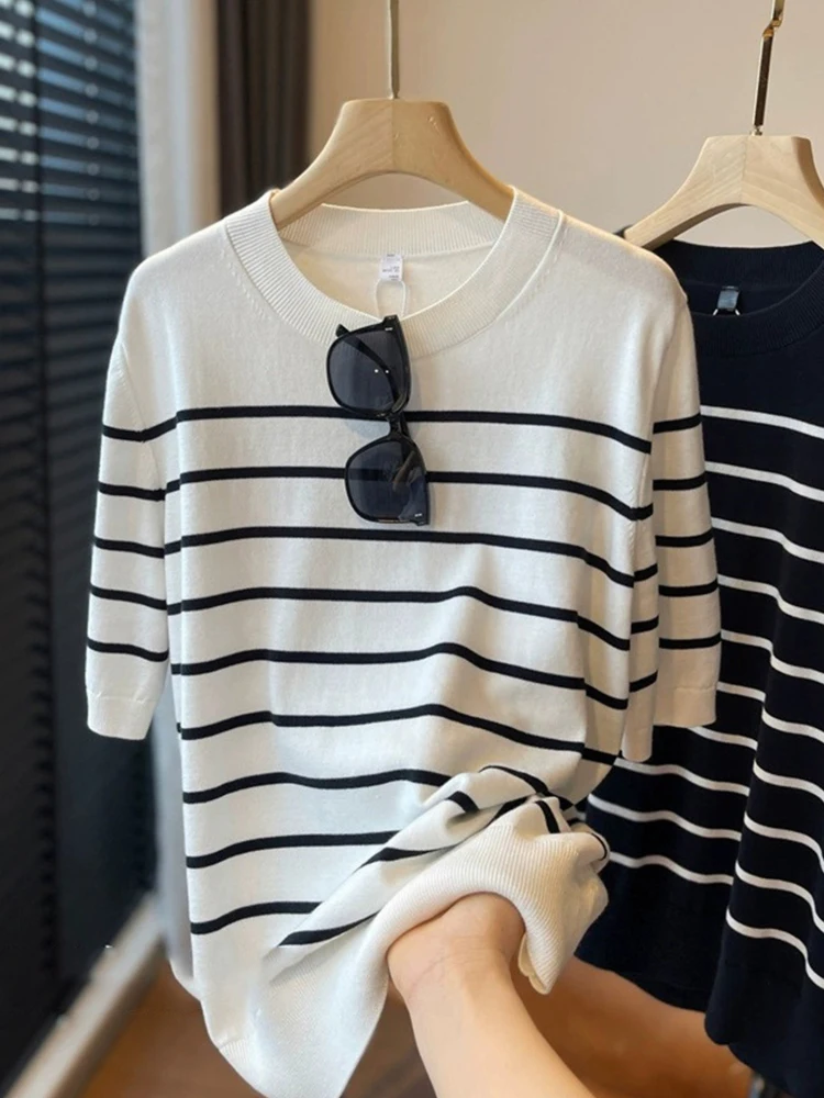 Sommer Faionable Farbe Blo Streifen ort Sve Gestrickte Pullover frauen runde Ne Pullover Top Koreanische Sle Lose Fit