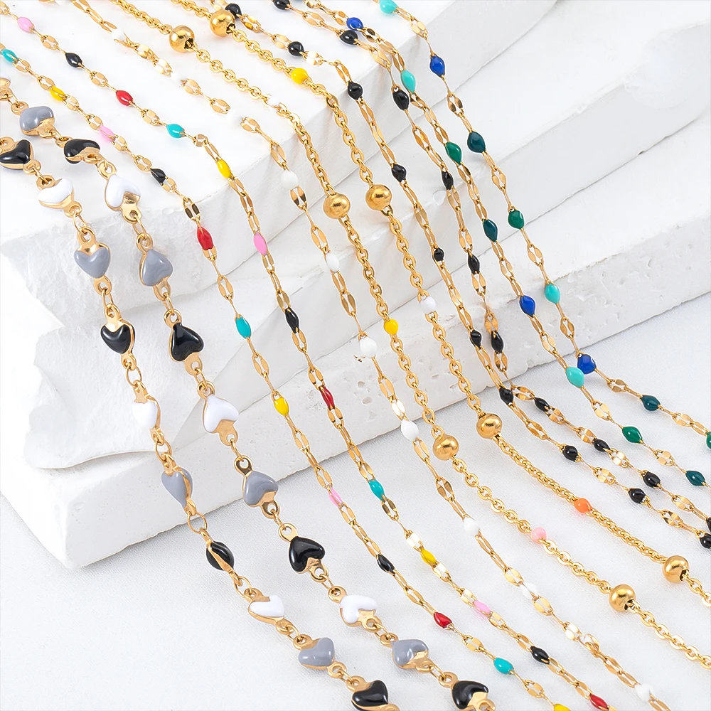 1Meter Colorful Enamel Heart Leaf Bead Chain Stainless Steel Gold Color Chain for DIY Clothing Jewelry Making Necklace Bracelet