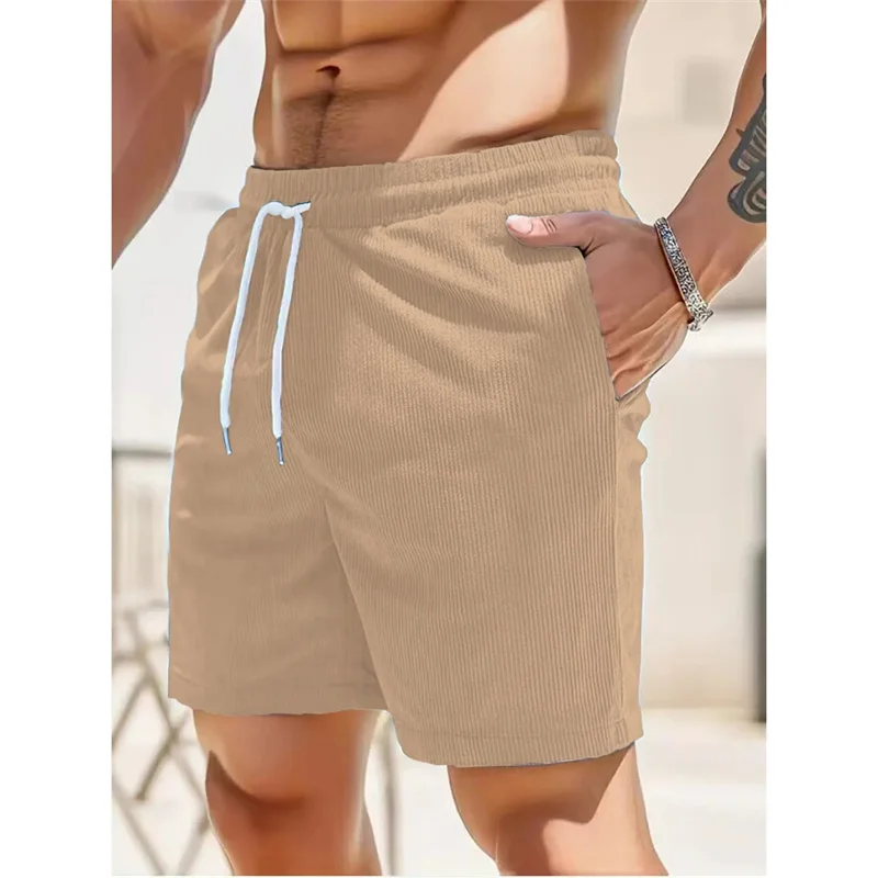 Summer Running New Solid color lace-up sweatpants corduroy simple quarter shorts men\'s shorts casual pants Fitness Men\'s Shorts