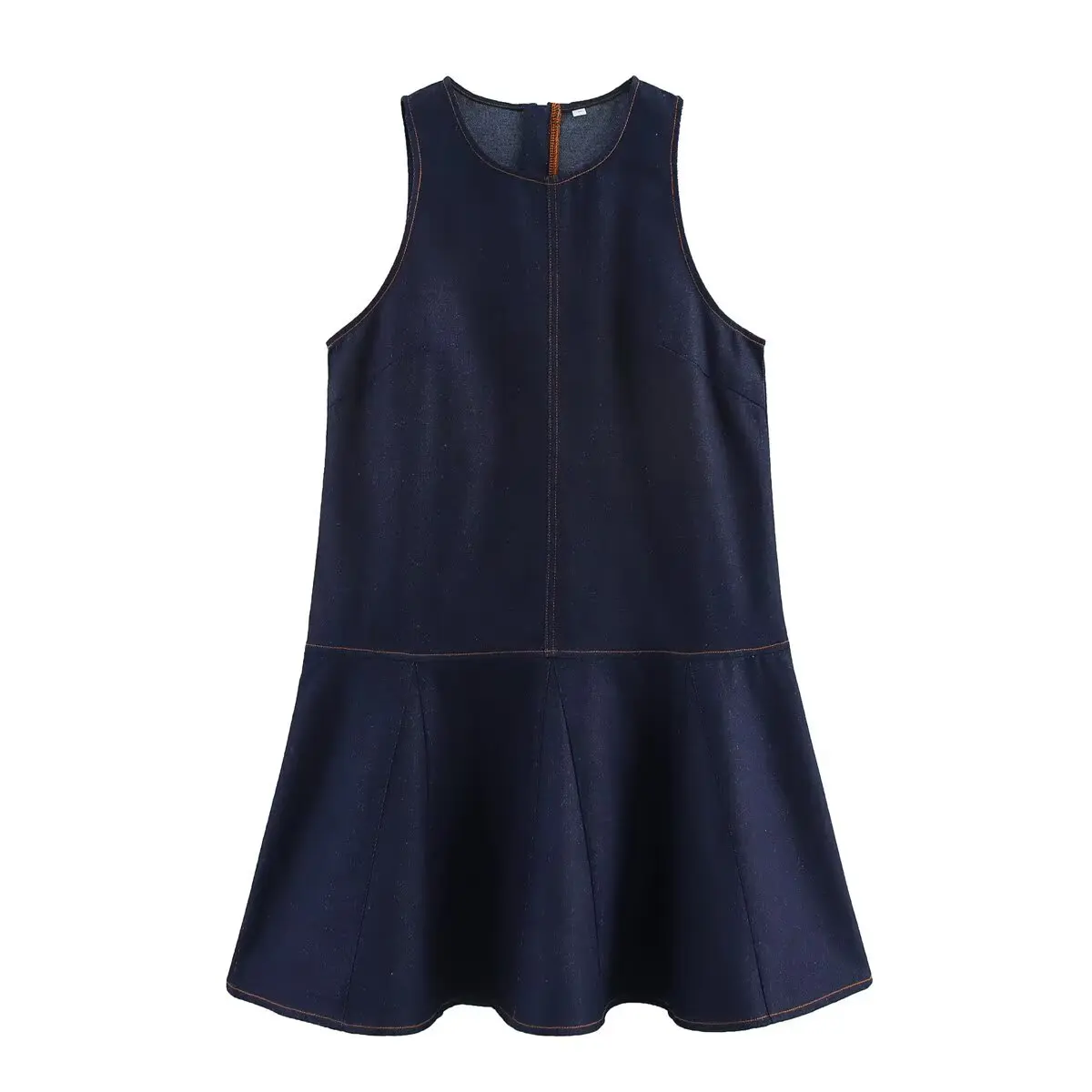 

Women's new chic fashion stitching decoration casual versatile O Neck denim mini dress retro sleeveless zipper women's dress