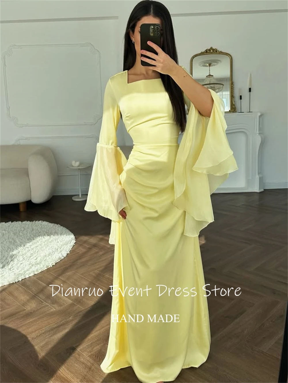 فساتين سهرة Dianruo بأكمام جرس صفراء ورقبة مربعة من الساتان رداء De Soirée فام على شكل حرف A فساتين طويلة أنيقة مخصصة