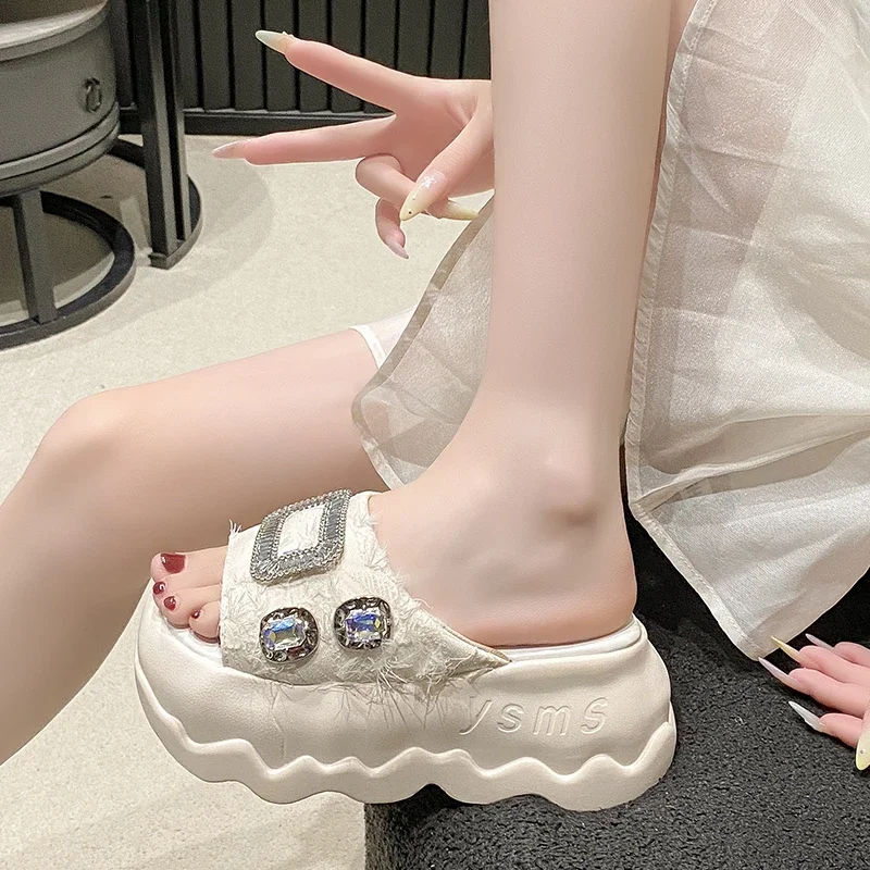 

8CM Peep Toe Platform Flats Women Sandals Leather Slippers Bohemian Bling Crystal Platform Wedge Shoes Slip on Flip Toe Fashion