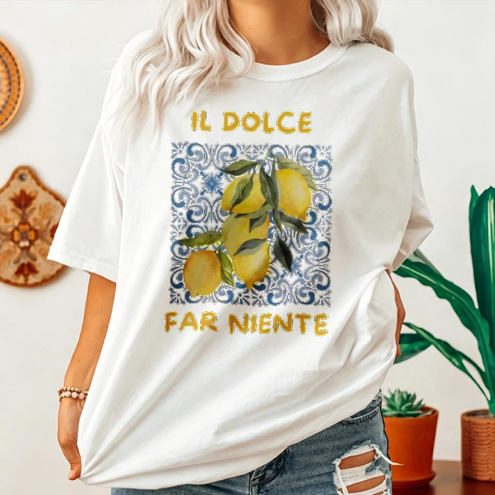 Women Il Dolce Far Niente Lemon Mediterranean Tile Print T Shirt Italian Style Crew Neck Short Sleeve Cotton Tee Holiday Tops