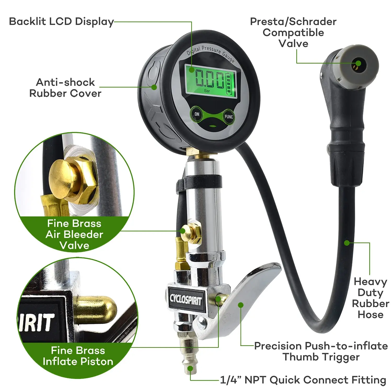 Digital Bicycle Tire Inflator Gauge with Auto-Select Valve Type - Presta and Schrader Air Compressor Tool