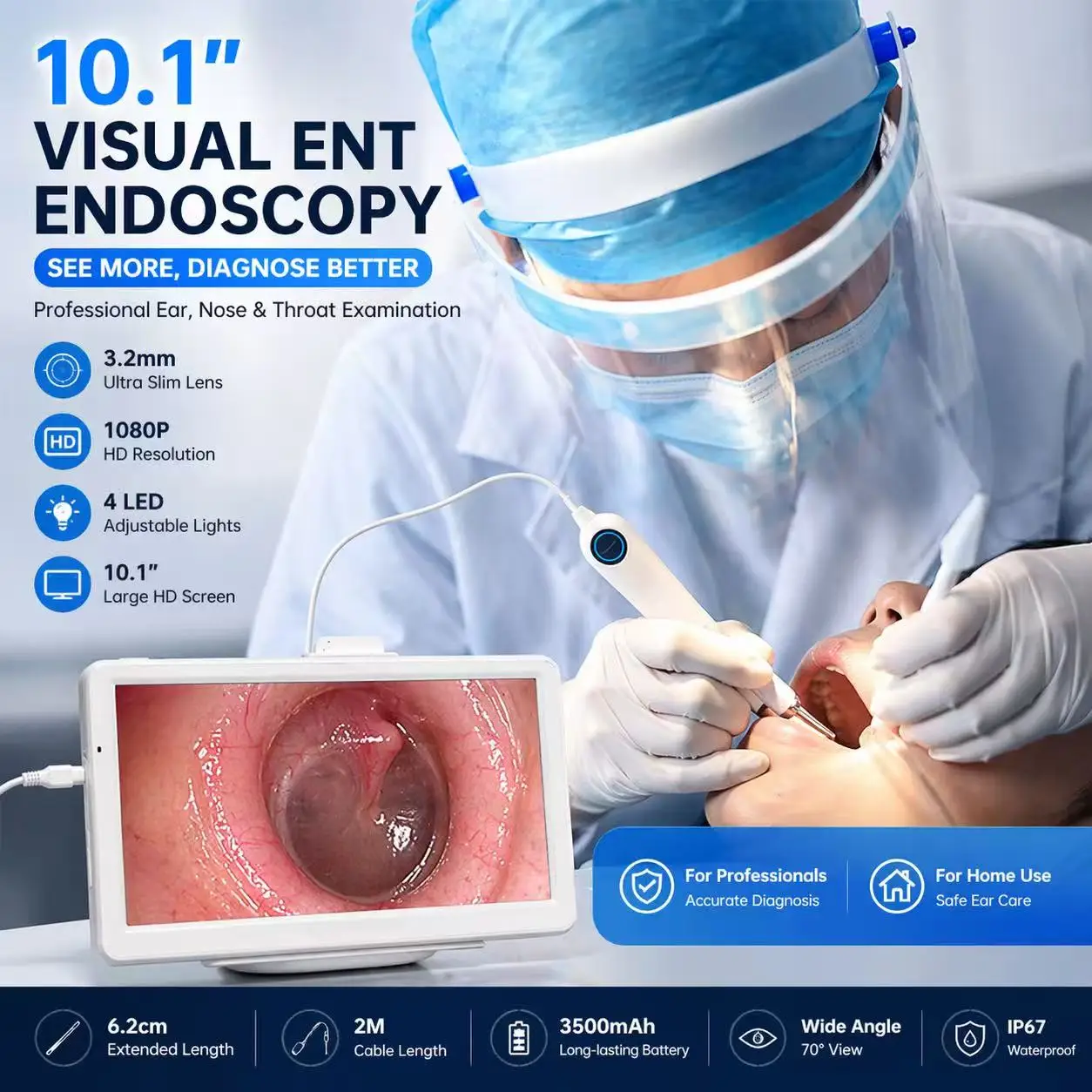 Digital Otoscope 10.1 Inch Screen 3.2mm HD Lens Ear Scope ENT Inspection Endoscope Camera With 32GB Memory Card For Ear Clean