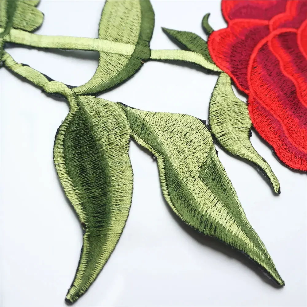 32CM Red Rose Leaves Sew Iron On Patches Embroidered Flowers Badges For Clothes DIY Appliques Craft Decoration