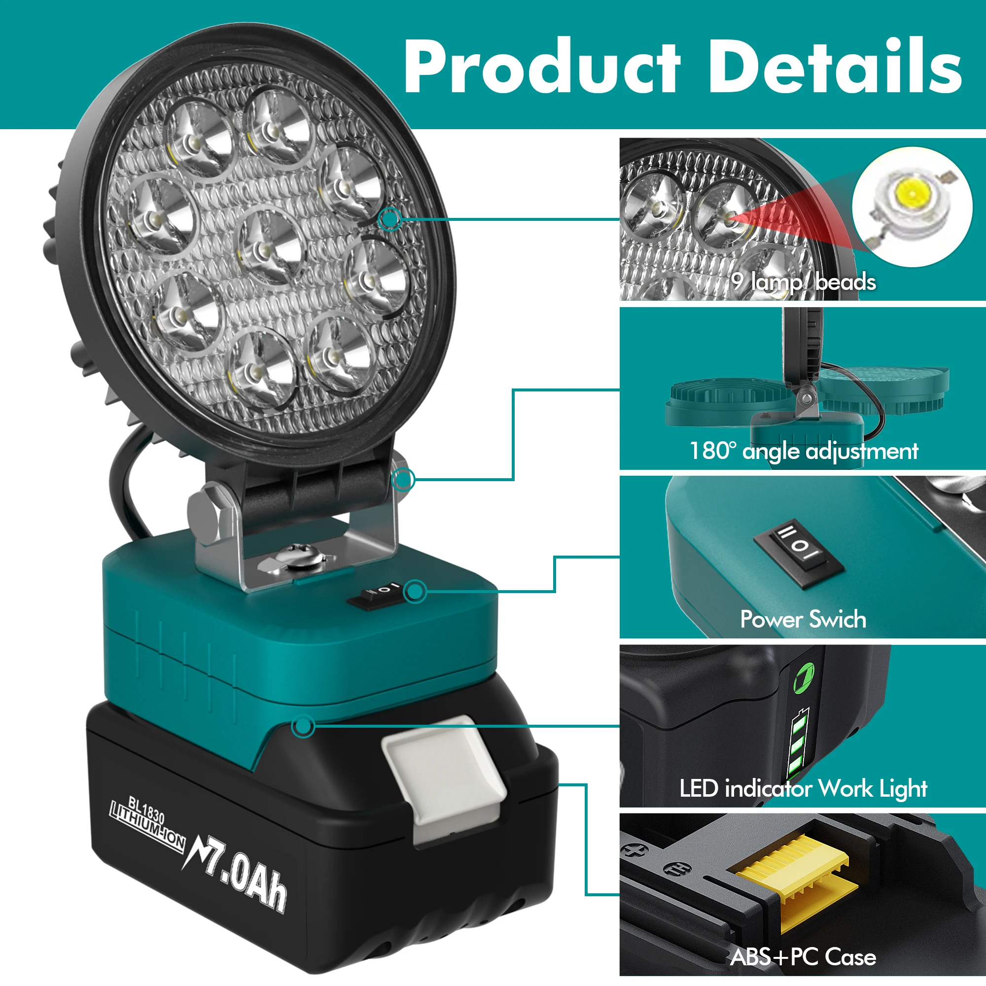 BATTOOL LED 27W Work Light For Makita BL1815 BL1830 BL1430 BL1860 Li-ion Battery Energy-saving Outdoor Lighting Portable Lamp