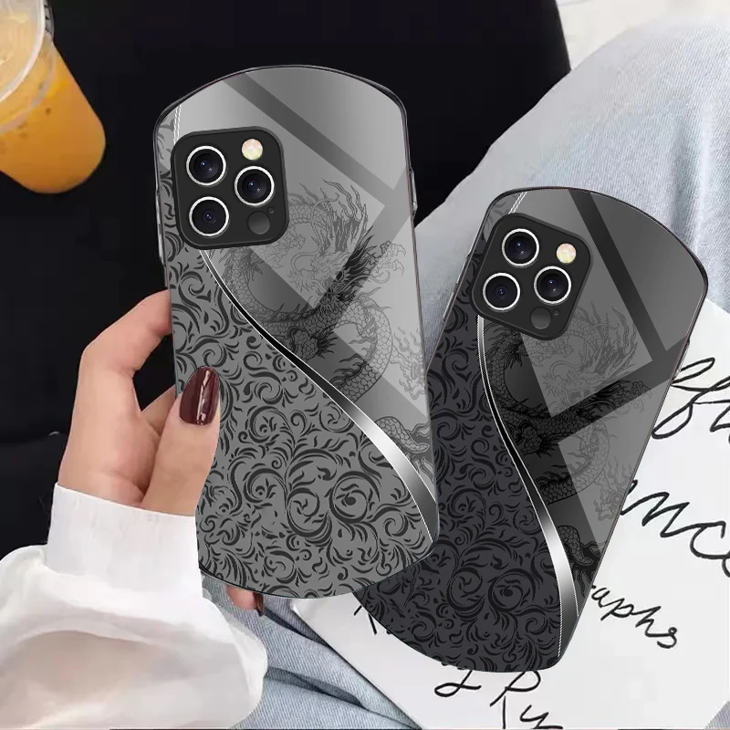 

Dragon Totem Rose Purple For iPhone 16 15 14 Pro 13 Plus 12 mini 11 13Pro Max XR X S 7 8 6 Elliptical Tempered Glass Phone Case