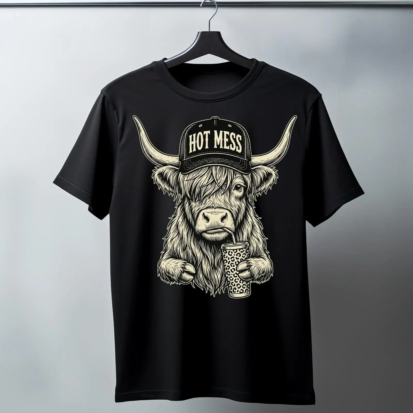 Hot Mess Highland Cow T Shirt Coffee Lover  vintage Washed Comfortable fashion Casual Top For Everyday Wear Slightly streetwear