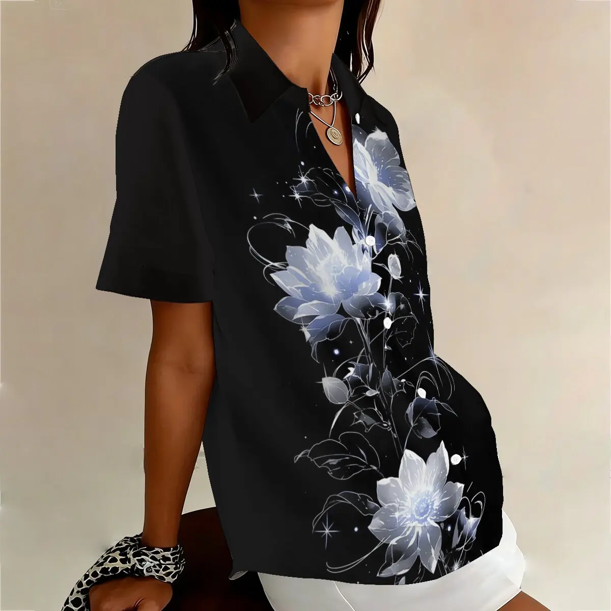 Summer Plus-Size Women's Single-Breasted Shirt, Elegant and Cool Print, Simple, Exquisite, Fashionable, Romantic and Suitable view 3