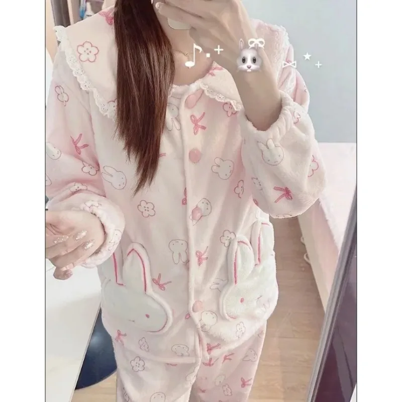 Kawaii Nijntje Flanellen Pyjama Set voor Dames - Gezellige Cartoon Bunny Winter Nachtkleding Sweetheart Girly Loungewear met Pluche Zakken