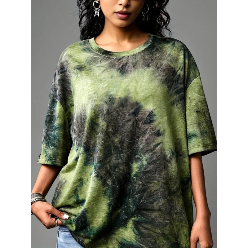[Artistic Flair] Women's Casual Loose-Fit Tie-Dye Drop Shoulder Short Sleeve-Shirt - Vibrant Blue, Pink, and White Pattern, Po