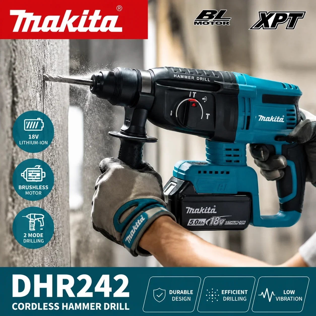 Makita DHR242 18V LXT® Li-ion Brushless Cordless Rotary Hammer Drill 26mm Concrete 4700 IPM 3-Mode Heavy Duty Professional