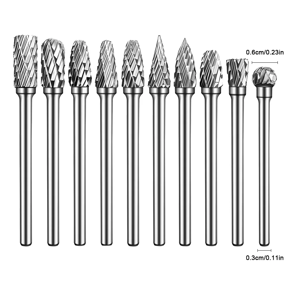 ロングシャンクカーバイドバリビットセット、ロータリーツール、金属用ラスプファイル、溶接、彫刻、切断、彫刻、移植、10個、1/8"