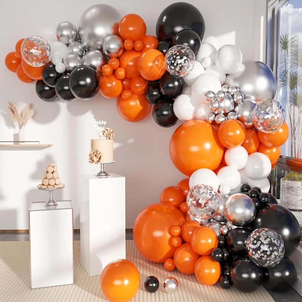 

123Pcs Black White Orange Silvery Confetti Latex Balloons Garland Arch Kit for Birthday Party Graduation Anniversary Party Decor