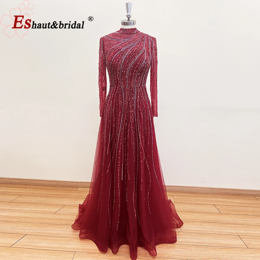 

Elegant Muslim Evening Night Dress for Women 2023 Long Sleeves High Neck Aline Beads Handmade Formal Wedding Prom Party Gowns