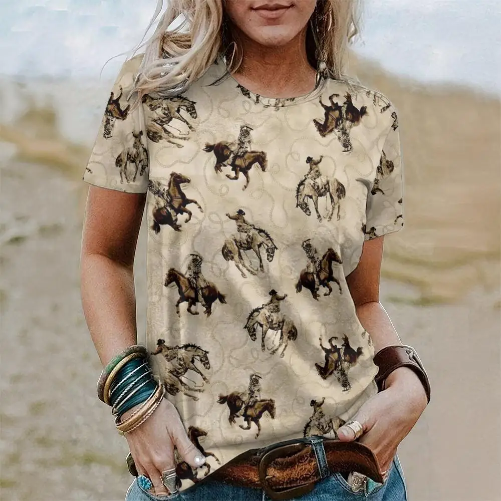 West Cowboy Horse T-Shirts 3D Print Damskie letnie koszulki z krótkim rękawem Casual Vintage Y2k Harajuku Tees Top Odzież damska