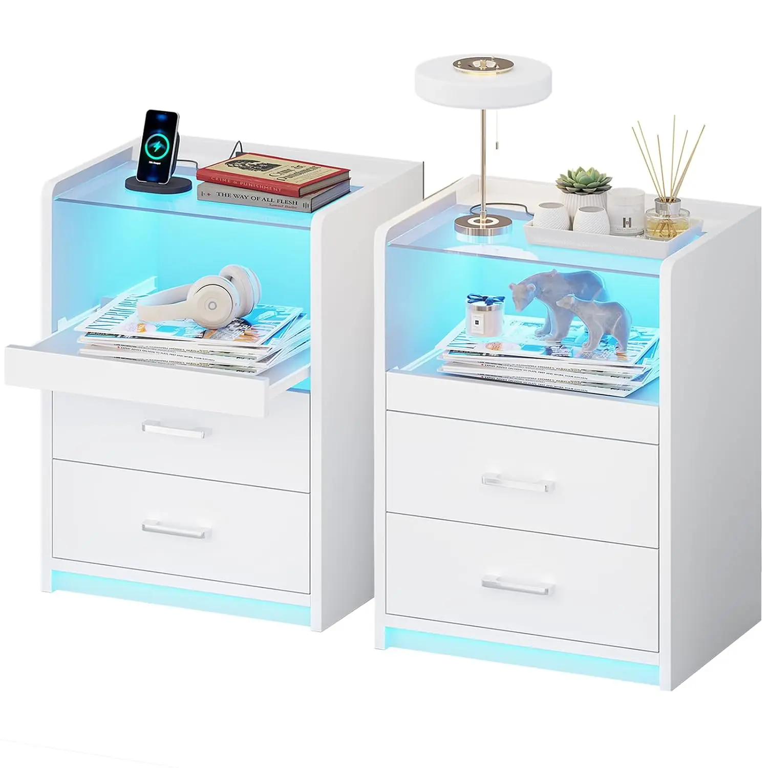 White Nightstand Set of 2 with Charging Station & LED Lights, 2 Drawers Glass Top End Table with Pull-Out Tray, Customized
