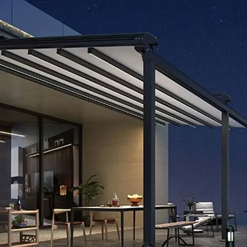 Electric Retractable Pergola Awning with LED Light - Waterproof Customizable Canopy for Outdoor Living Space
