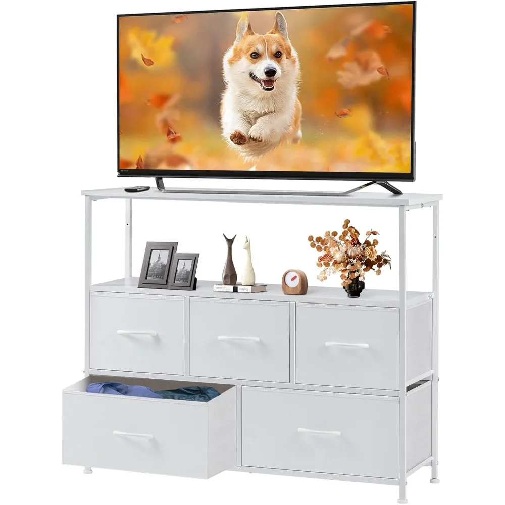 Drawer Dresser TV Stand for Bedroom,  for 45 Inch TV with Storage Drawer Unit, Open Shelf, Adjustable Feet, Living Room, White