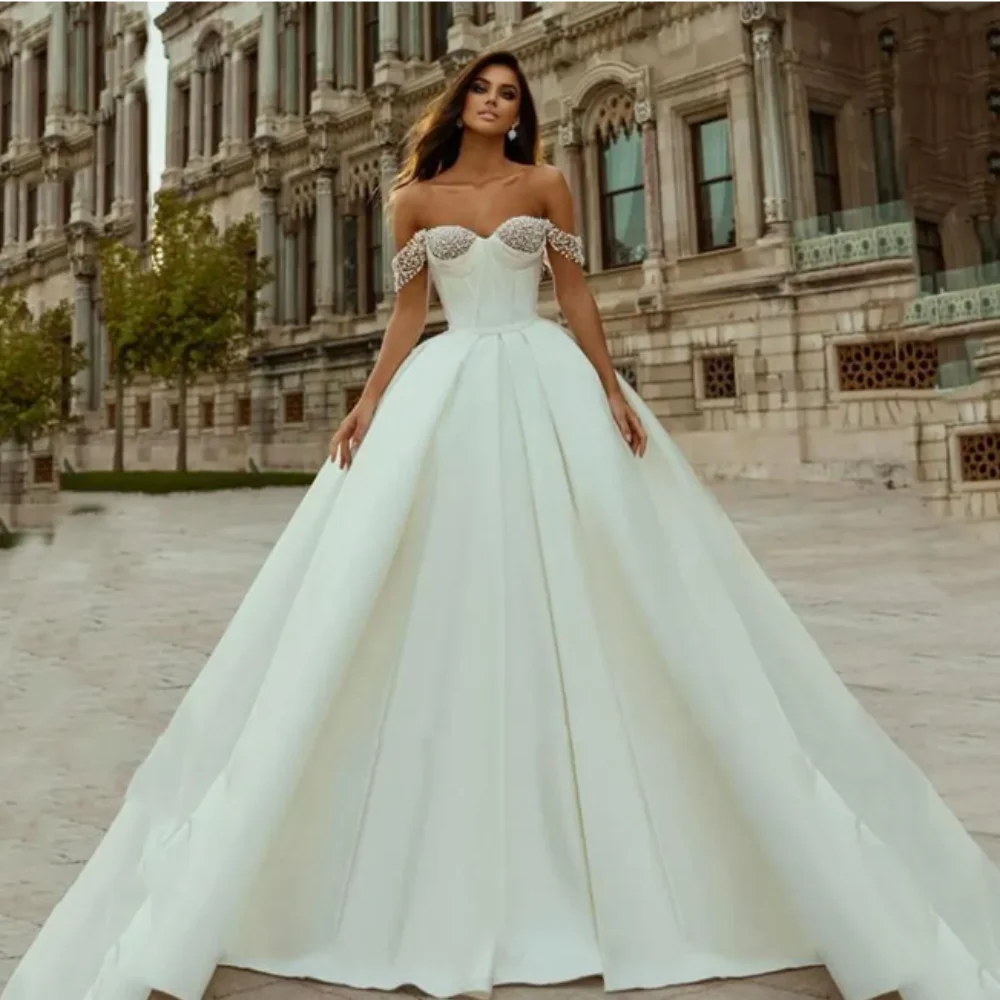 

Exquisite Satin Wedding Dresses 2024 New Detachable Train Bridals Gowns Beaded Off Shoulder Sleeveless Custom Vestidos De Novia