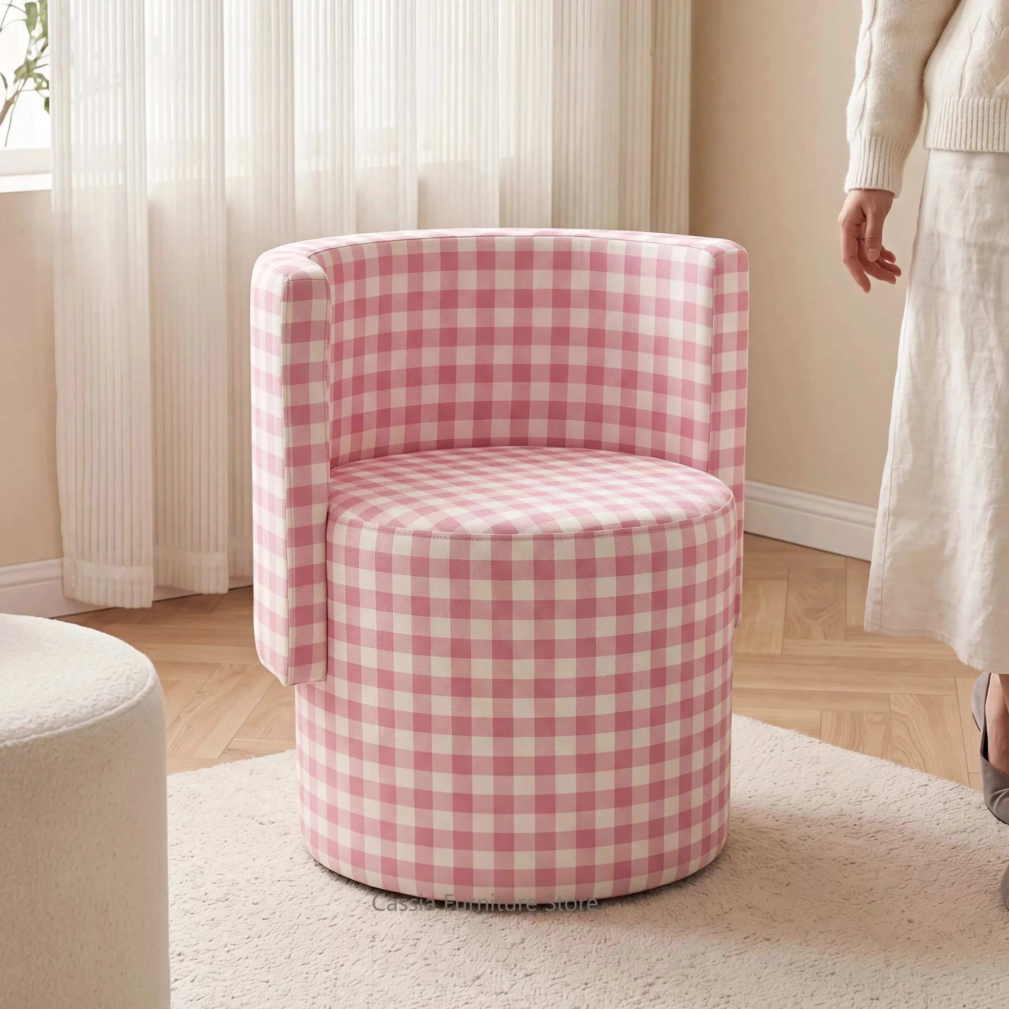 Elegant Dopamine Pink Plaid Swivel Vanity Stool for Bedroom, Modern Minimalist Light Luxury Makeup Chair