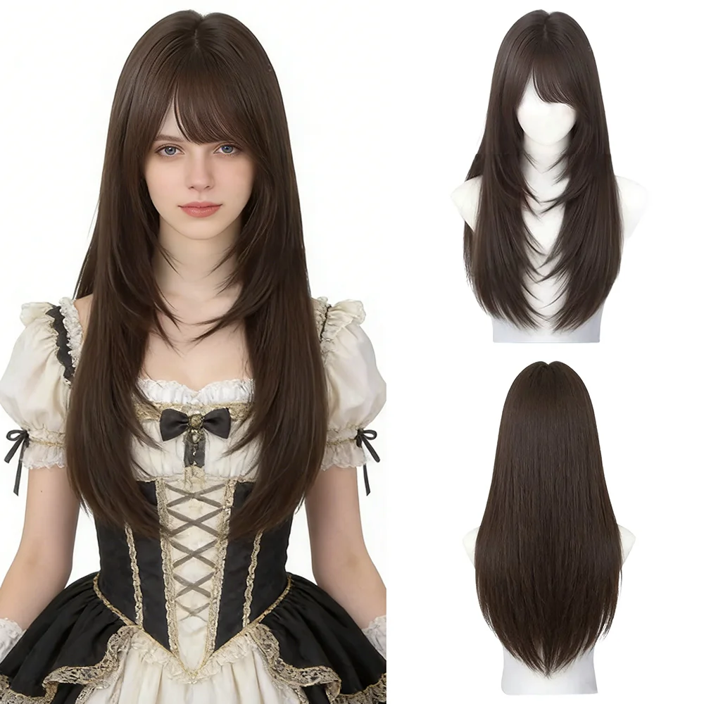 Brown Black Long Straight Layered Wig Natural Looking Heat Resistant Synthetic Hair With Bangs For Women Daily Cosplay Party
