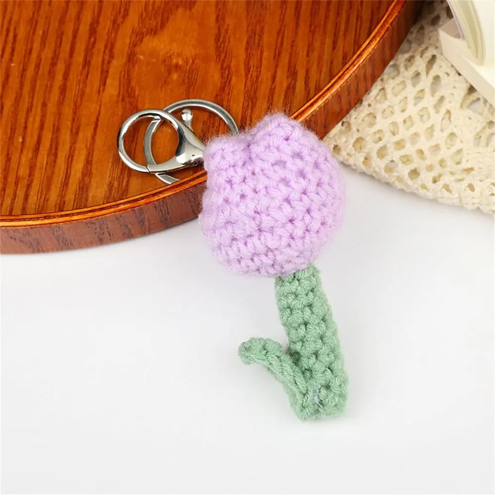 DIY Craft Flower Leaf Knitted Keychain Handmade Wool Crochet Flowers Keyring Fresh Cartoon Weaved Keyrings Handbag Charms