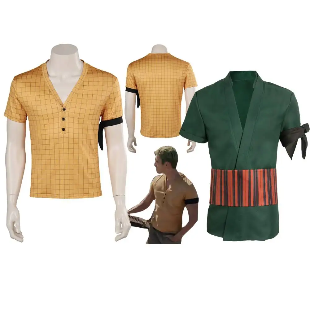 Roronoa Zoro Cosplay Fantasy Yellow Plaid Short Sleeved T-Shirt Live Action TV Piece Costume Disguise For Adult Men Boy