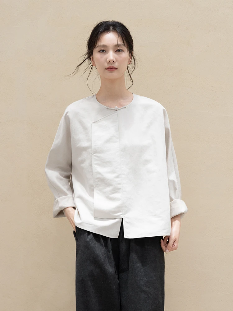 

Новая коллекция Le: Женский топ из льняно-хлопковой смеси с узором в клетку, осенний, простой, в новом китайском стиле, с длинными рукавами