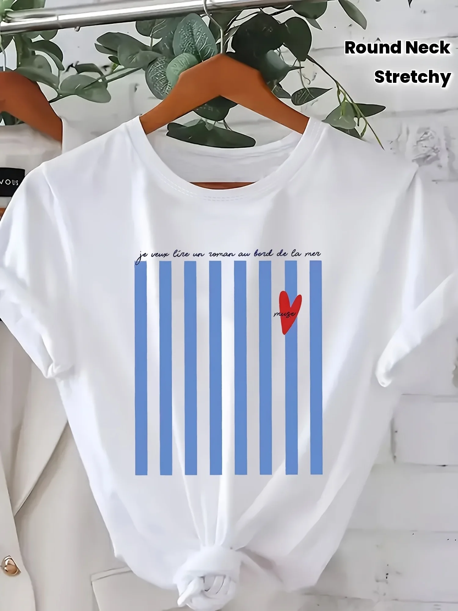 Light Blue Striped Pattern Printed Summer T-shirt for Women Round Neck Short Sleeved Casual Women's T-shirt Clothing