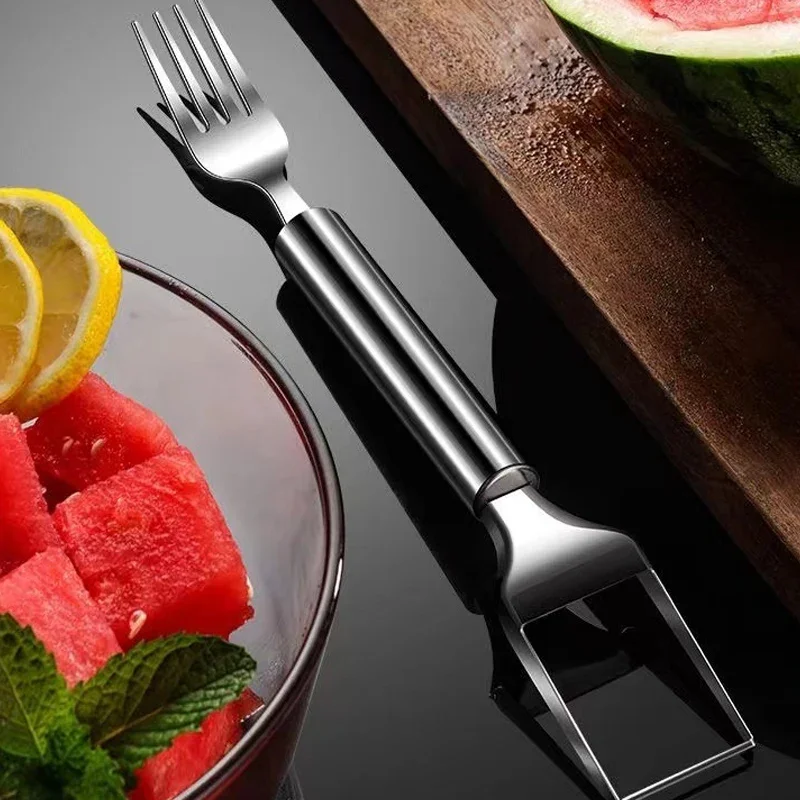2-In-1 Watermelon Fork Slicer Watermelon Slicer Cutter Stainless Steel Fruit Fork Fruits Tools for Kitchen Family Party Camping