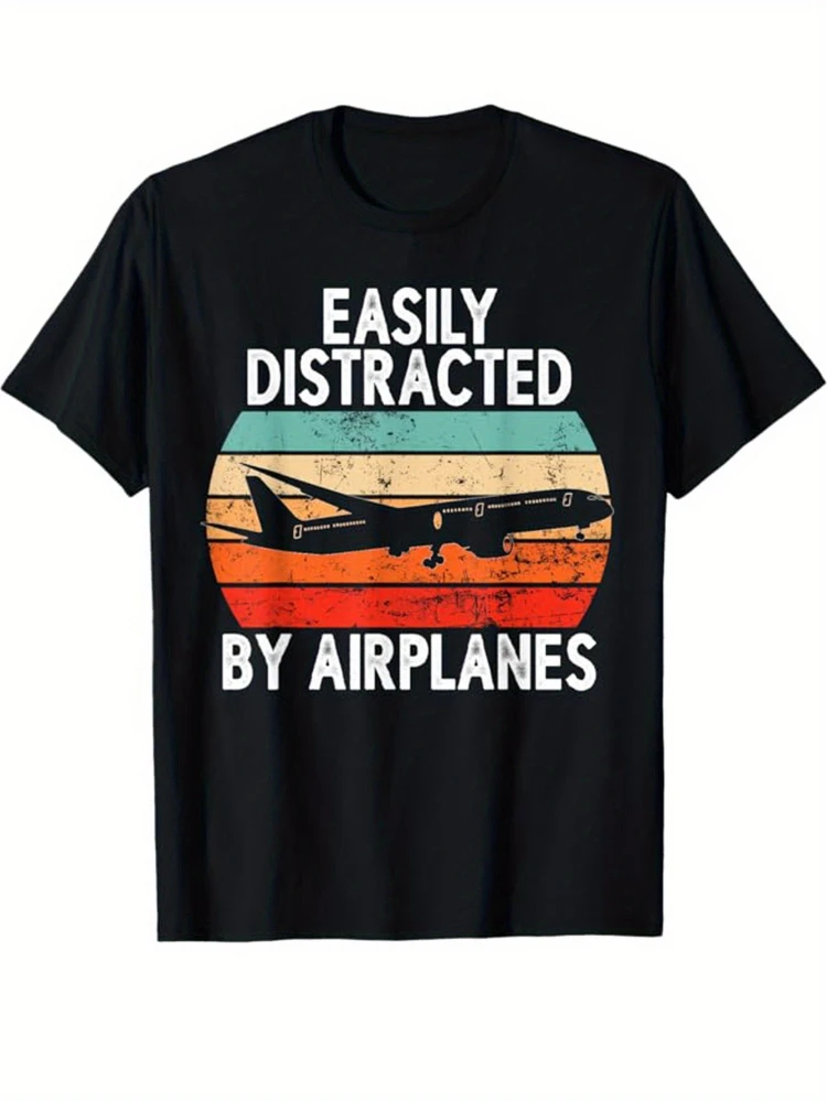 

Men's Casual 100%Cotton T-Shirt with Airplane Print, Crew Neck, Short Sleeve, All-Season Knit Fabric Tee.