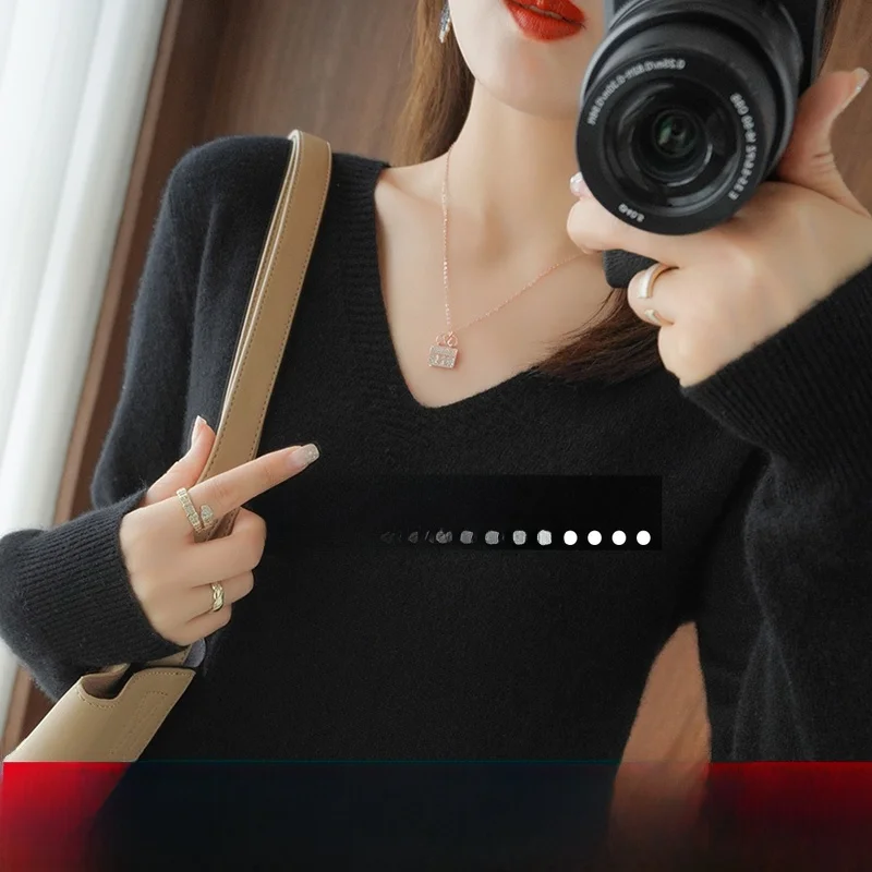 

Black V-Neck Women's Cashmere Sweater Versatile Woolen Knitwear Slim Fit Base Layer Commute Style Long Sleeve Regular Fit