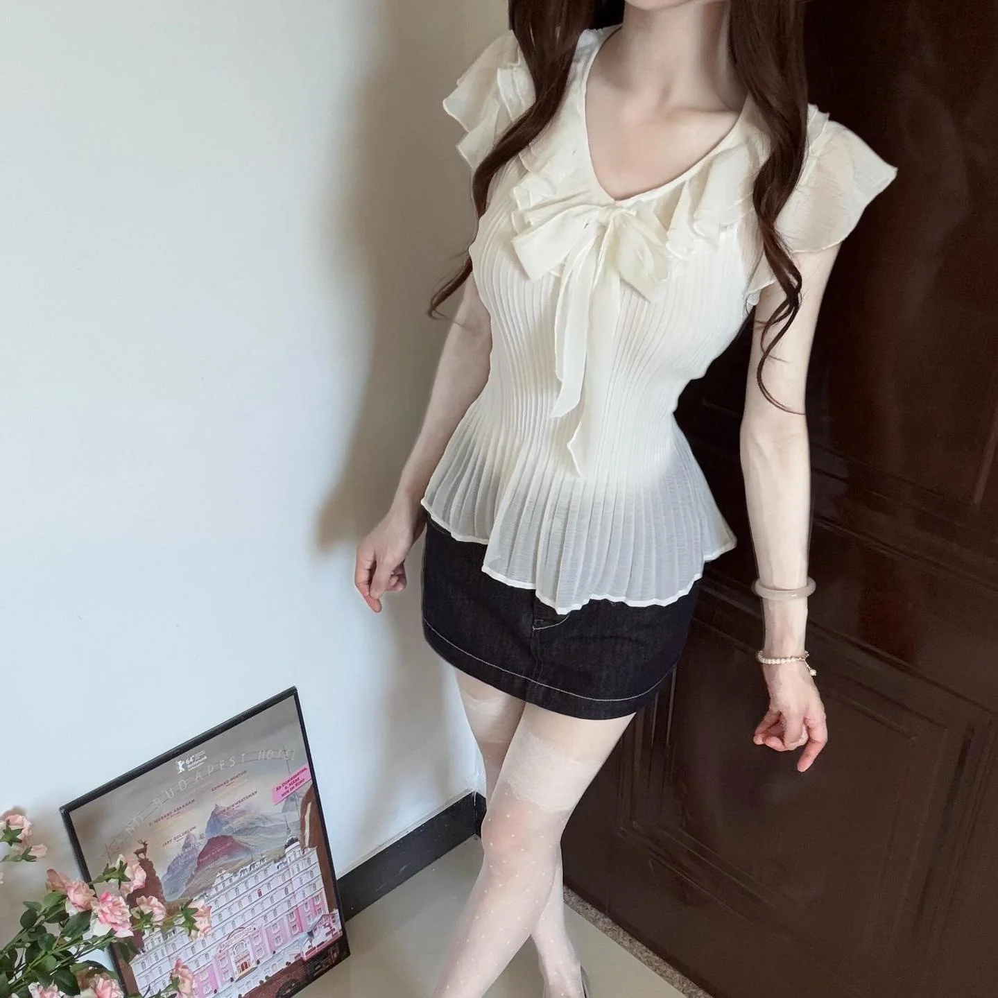 2026 New Summer White V Neck Ruffle Short Sleeve Blouse, Textured Chiffon Top, Waist Slim Elegant Sweet Casual Aesthetic Ladies