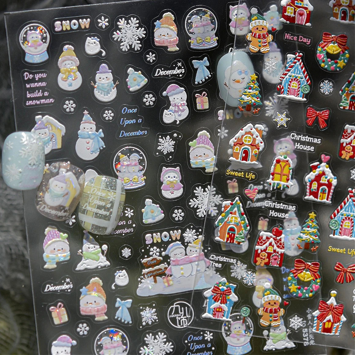 Flocos de neve de inverno boneco de neve estrela árvore de natal grinalda casa pão de gengibre bowknot papai noel bola de cristal arte do prego adesivos decalques