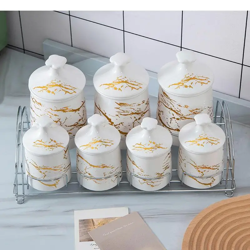 Ceramic Storage 7 Piece Set Metal Bracket Household Airtight Cans Container Kitchen Candy Dried Fruit Jars