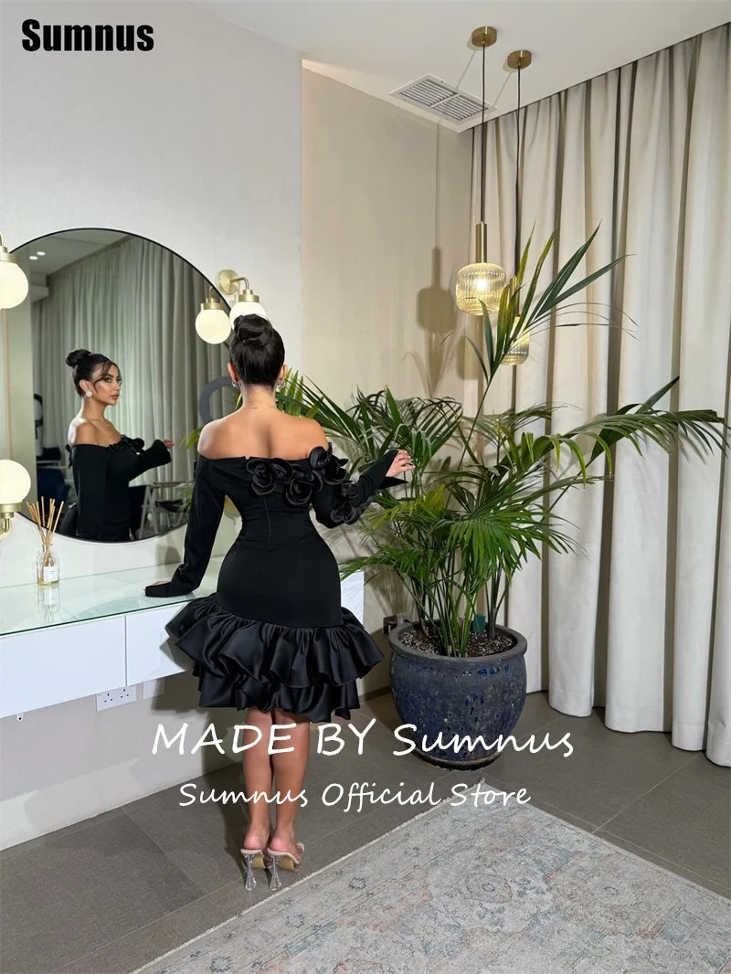 Sumnus بسيط أسود حورية البحر فساتين لحضور الحفلات الموسيقية قبالة الكتف Ruched طول الركبة فساتين الحفلات حفل Fساتين Shret مخصصة