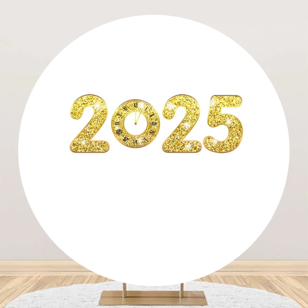 Happy New Year 2025 Round Backdrop Cover Firework Champagne Clock New Year's Countdown Family Kids Circle Photography Background