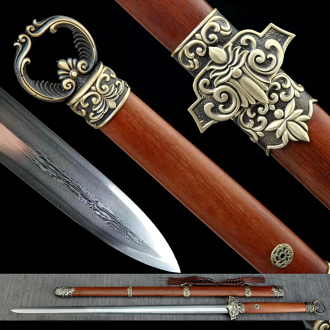 Quality Brass Fittings Rose Wood Chinese Damascus Steel Blade WuShu Double Edge Sword Tang Dynasty TaiChi Ring Head Battle Jian