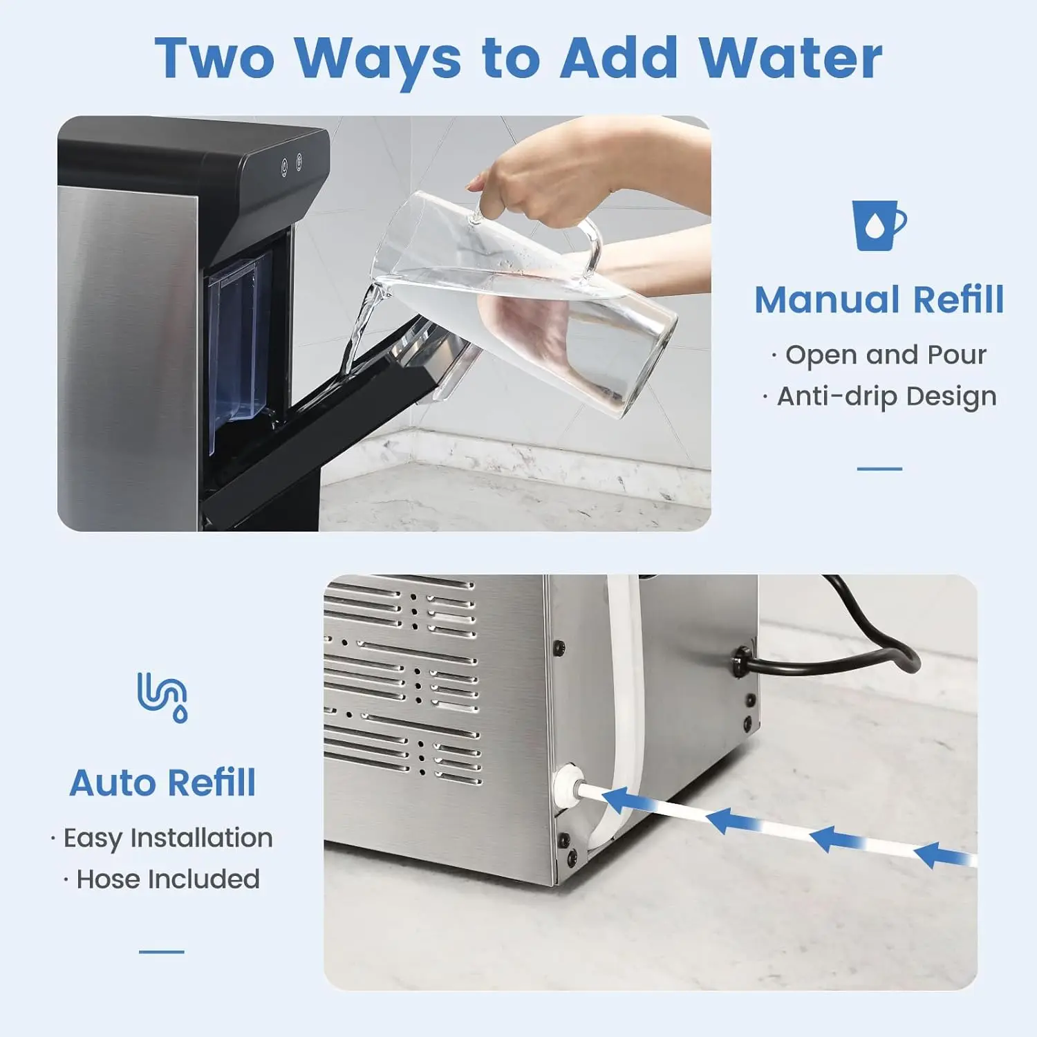 ماكينة صنع الثلج على سطح الطاولة Gevi V2.0 بقدرة 38 رطلًا/24 ساعة، ماكينة صنع الثلج مع غلاف من الفولاذ المقاوم للصدأ، ماكينة صنع الثلج على شكل بيليه قابلة للمضغ مع ماء صب