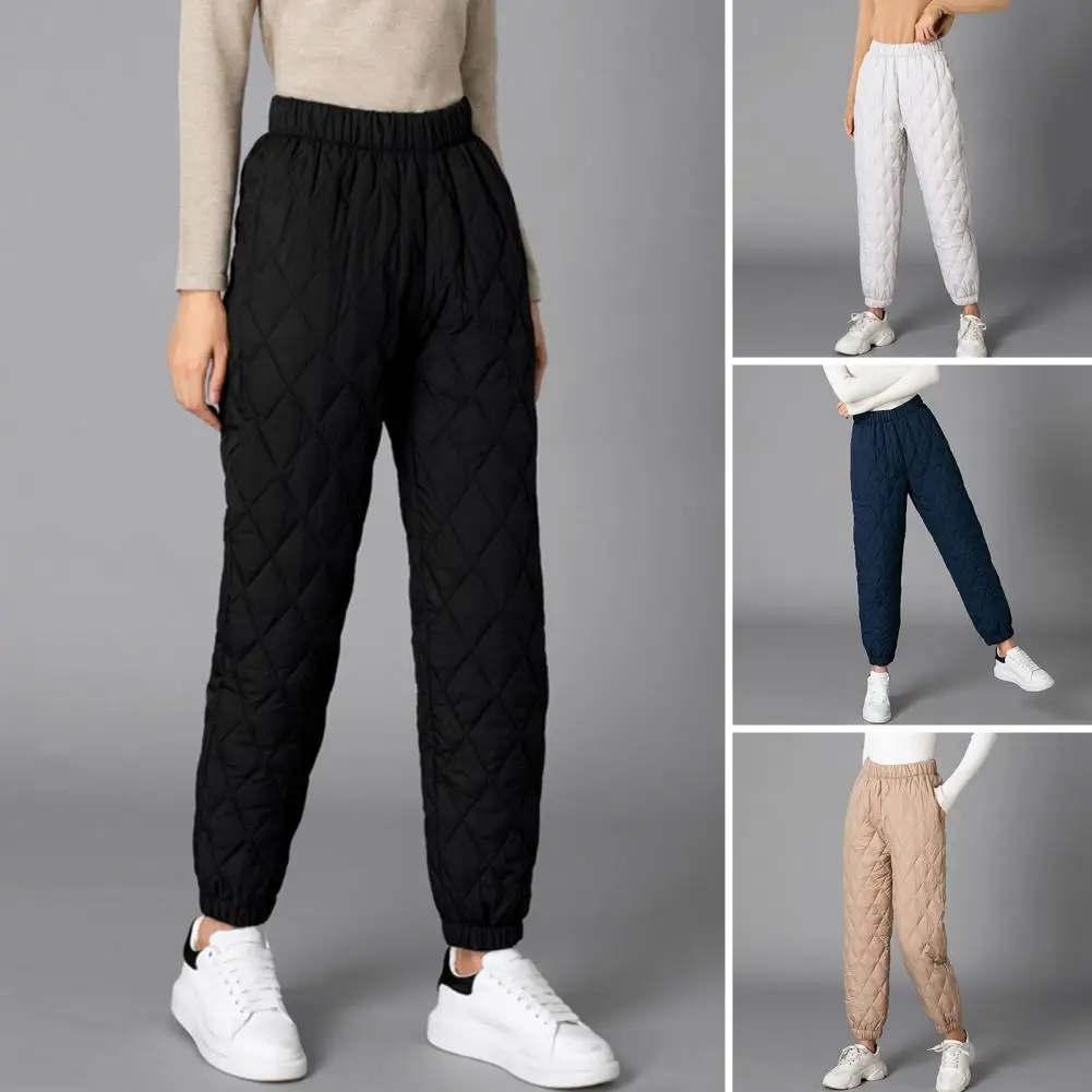 Pantalones acolchados elásticos de cintura alta para mujer, diseño de textura en forma de diamante, pantalones de chándal gruesos y cálidos, Invierno