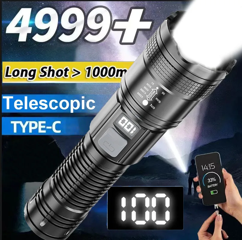 High Power Rechargeable LED Flashlight Ultra Strong Powerful Led Torch Light Built-in Battery Tactical Flashlight