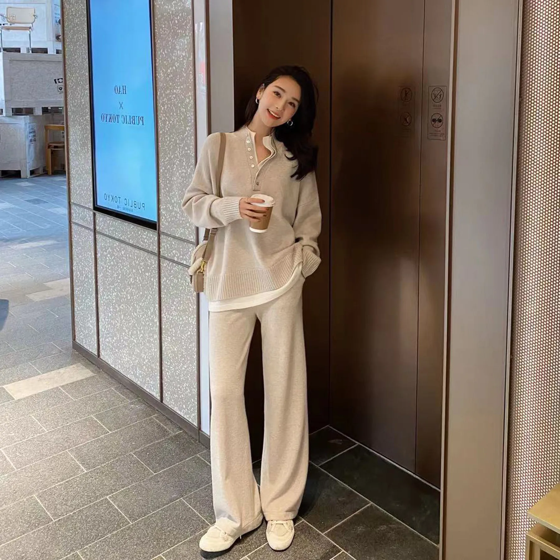 Autumn Knitted Pant Suits Women Korean Fashion Casual Loose Tracksuits Oversized Stand Collar Sweater Knitted Pants 2pcs outfit