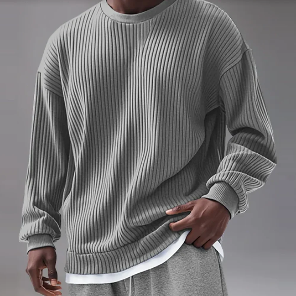 American Style Pleated Stripes Men's Fake Two Piece Tops Sweatshirt Crew Neck Long Sleeve Loose Autumn Streetwear Basic Pullover