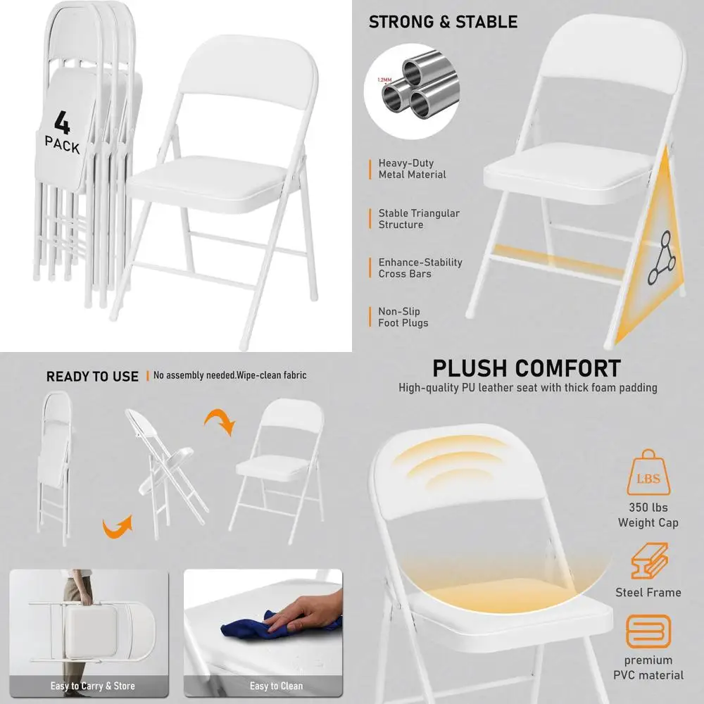 

Set of 4 White Padded Folding Chairs, Durable Metal for Weddings, Parties, Offices, Churches, 330lb Capacity