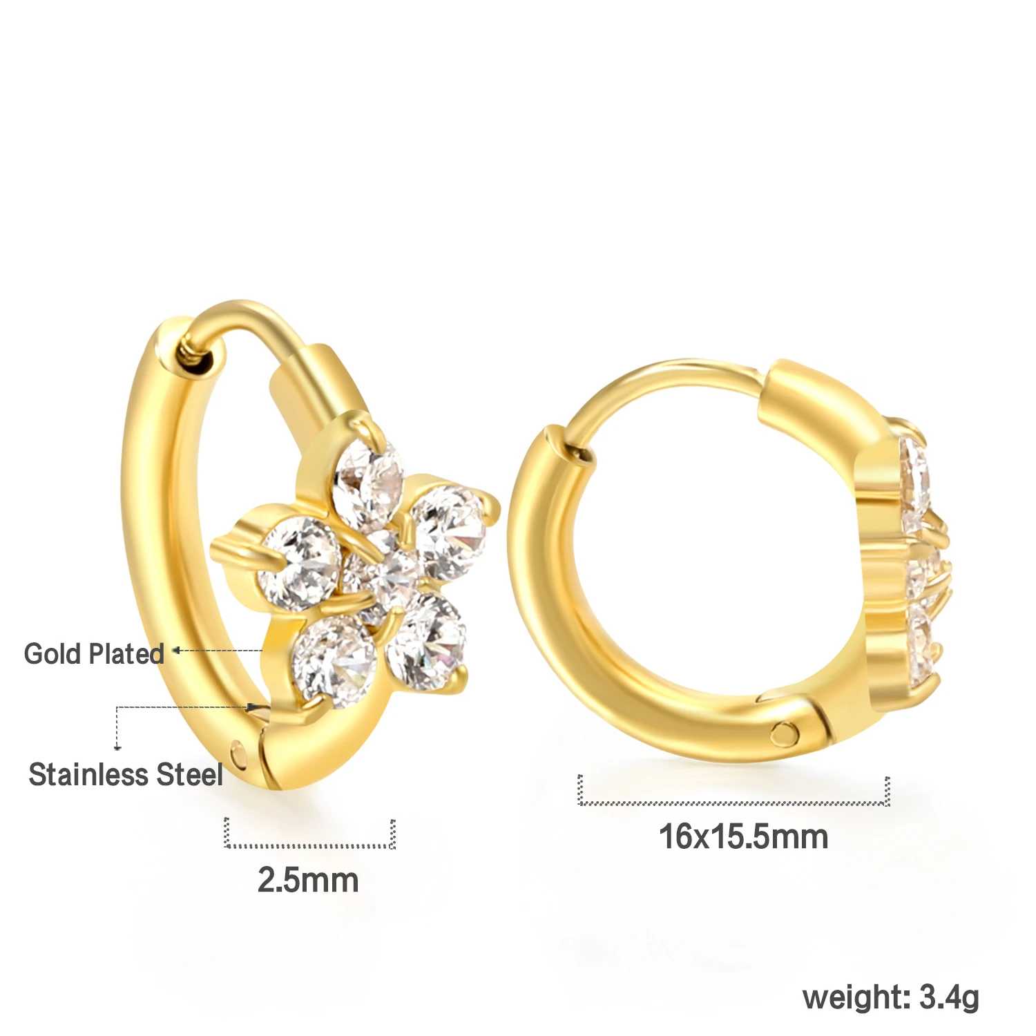LUXUSTEEL Flower Shape Metal Hoop Earrings Crystal Stainless Steel Stud Earrings for Women Girls Female Earring Jewelry