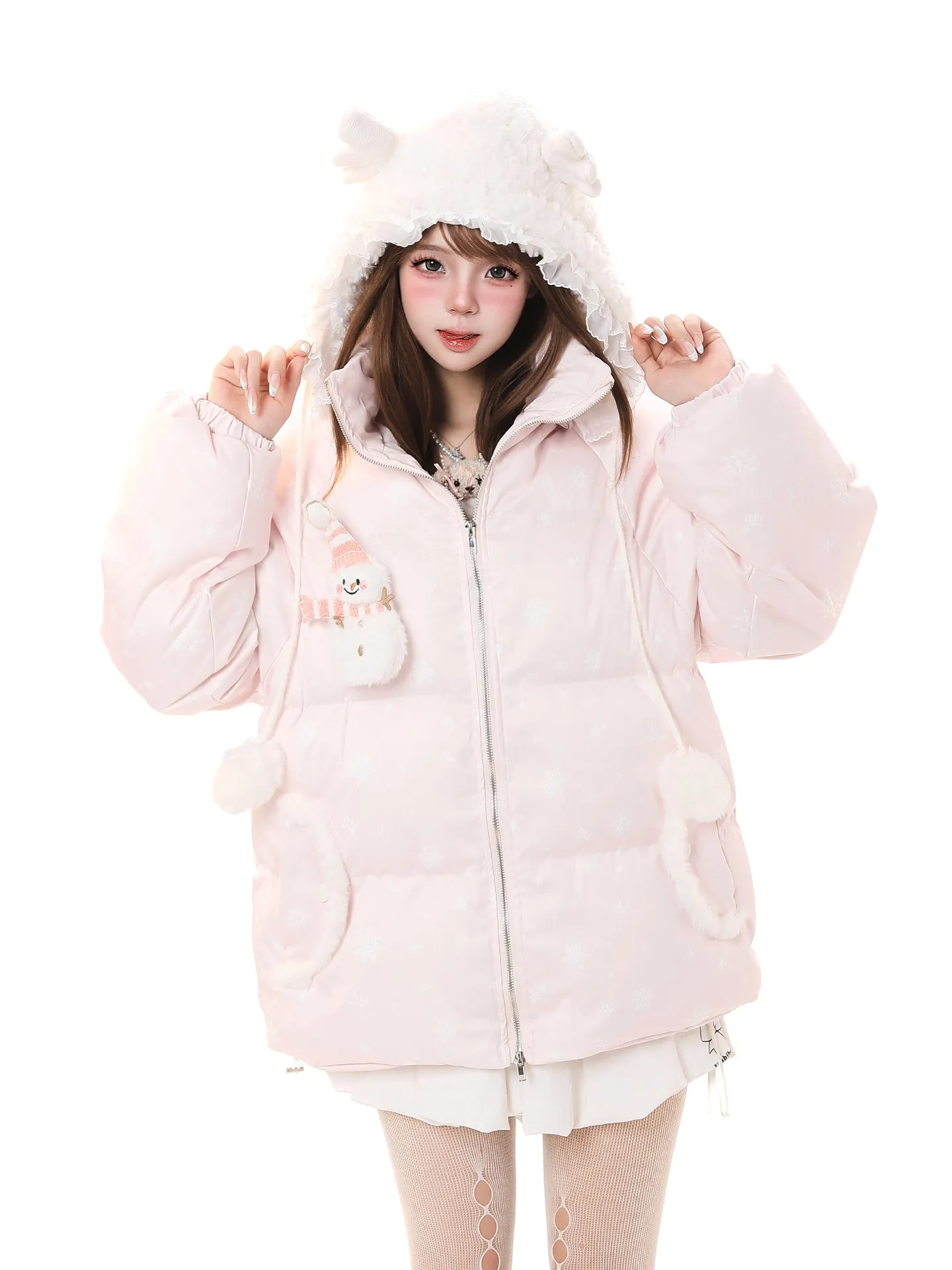 

Милый пышный пуховик-снеговик с капюшоном, женская зимняя утепленная свободная теплая куртка-пальто с мультяшным дизайном